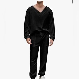 Men's XL Black Tracksuit 2 Piece Outfit Long Sleeve V-Neck Waffle Knit Set